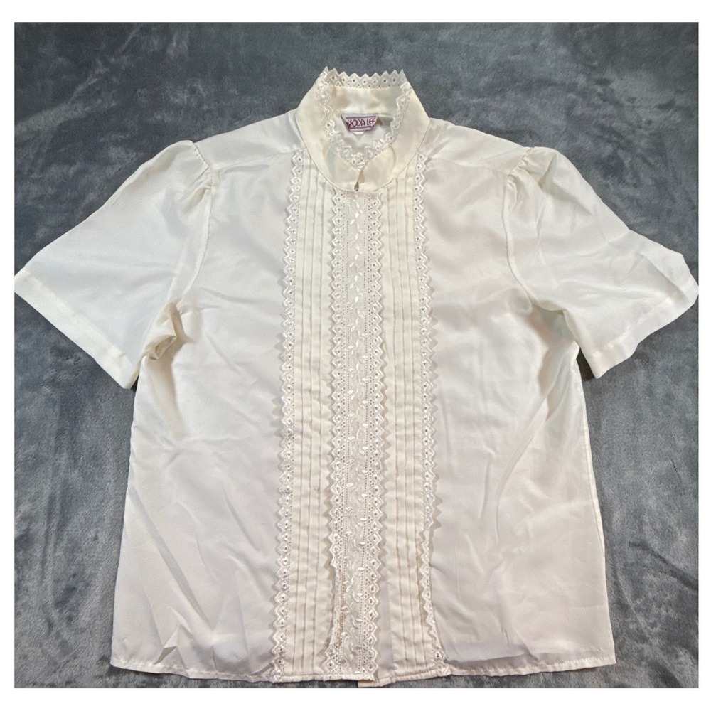Rhoda Lee VTG Cream Lace Tuxedo Pleat Blouse Top Shirt Cottagecore Dark Academia